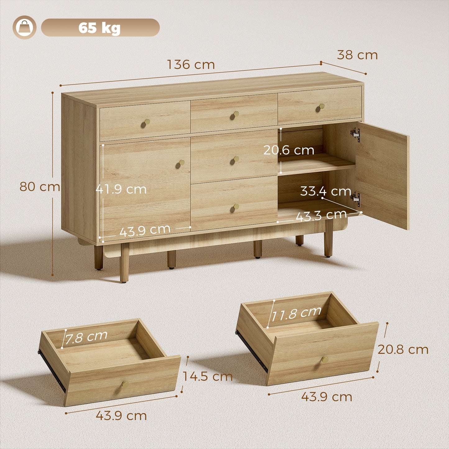 Sideboard Soft Close Doors Wood Legs Walnut