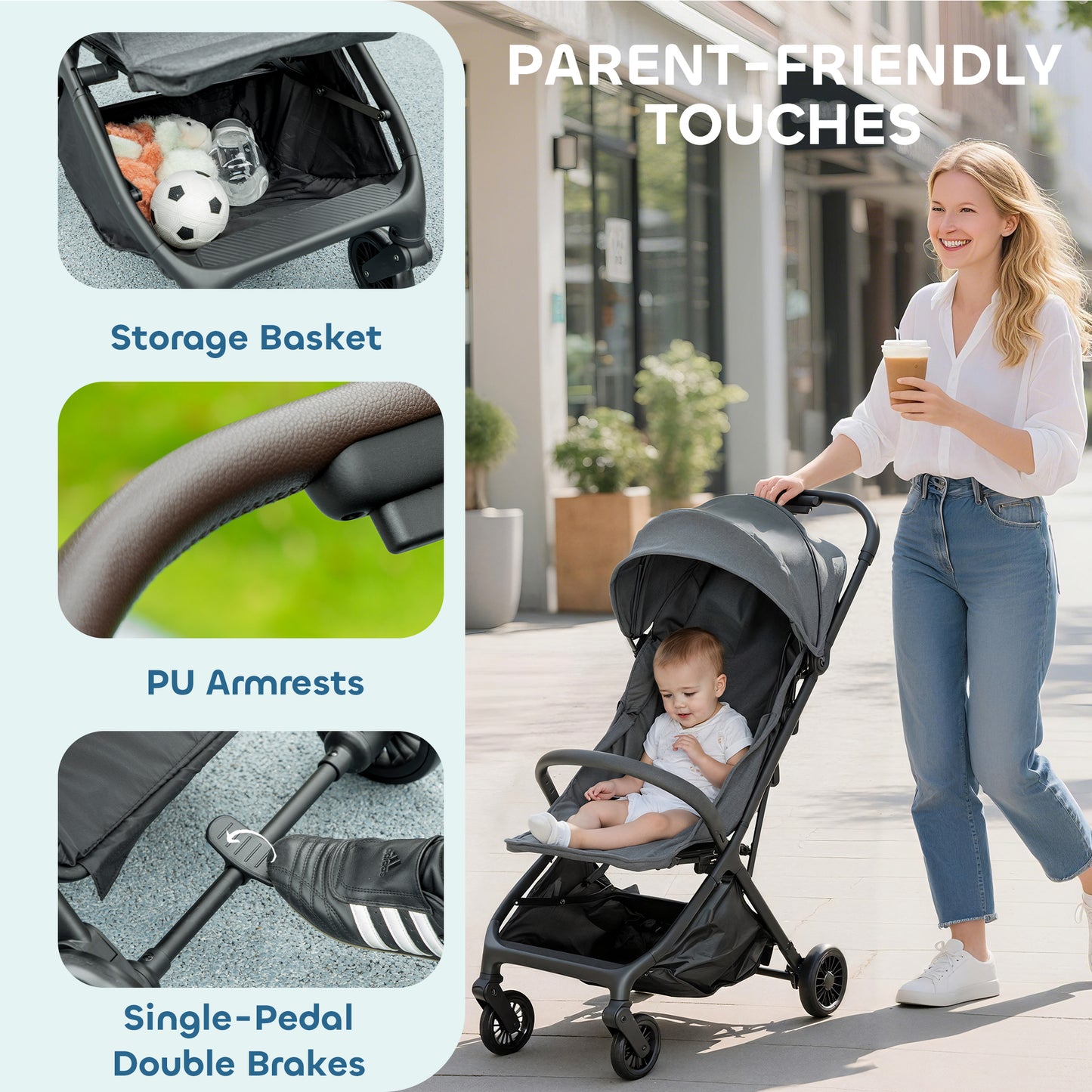 Baby Stroller with Adjustable Seat, Travel Pushchair, Dark Grey