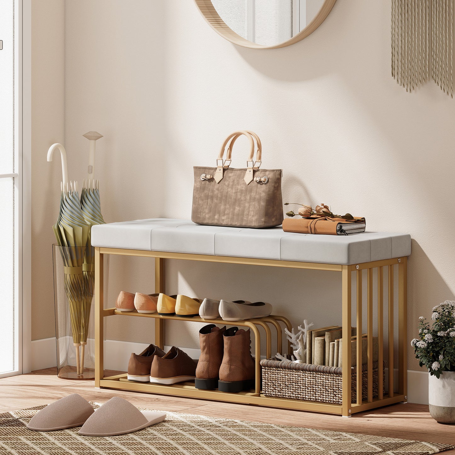 Shoe Storage Bench with Seat Cushion Tufted Shoe Rack Bench Grey