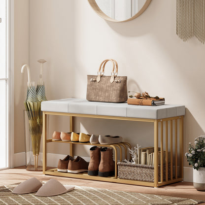 Shoe Storage Bench with Seat Cushion Tufted Shoe Rack Bench Grey