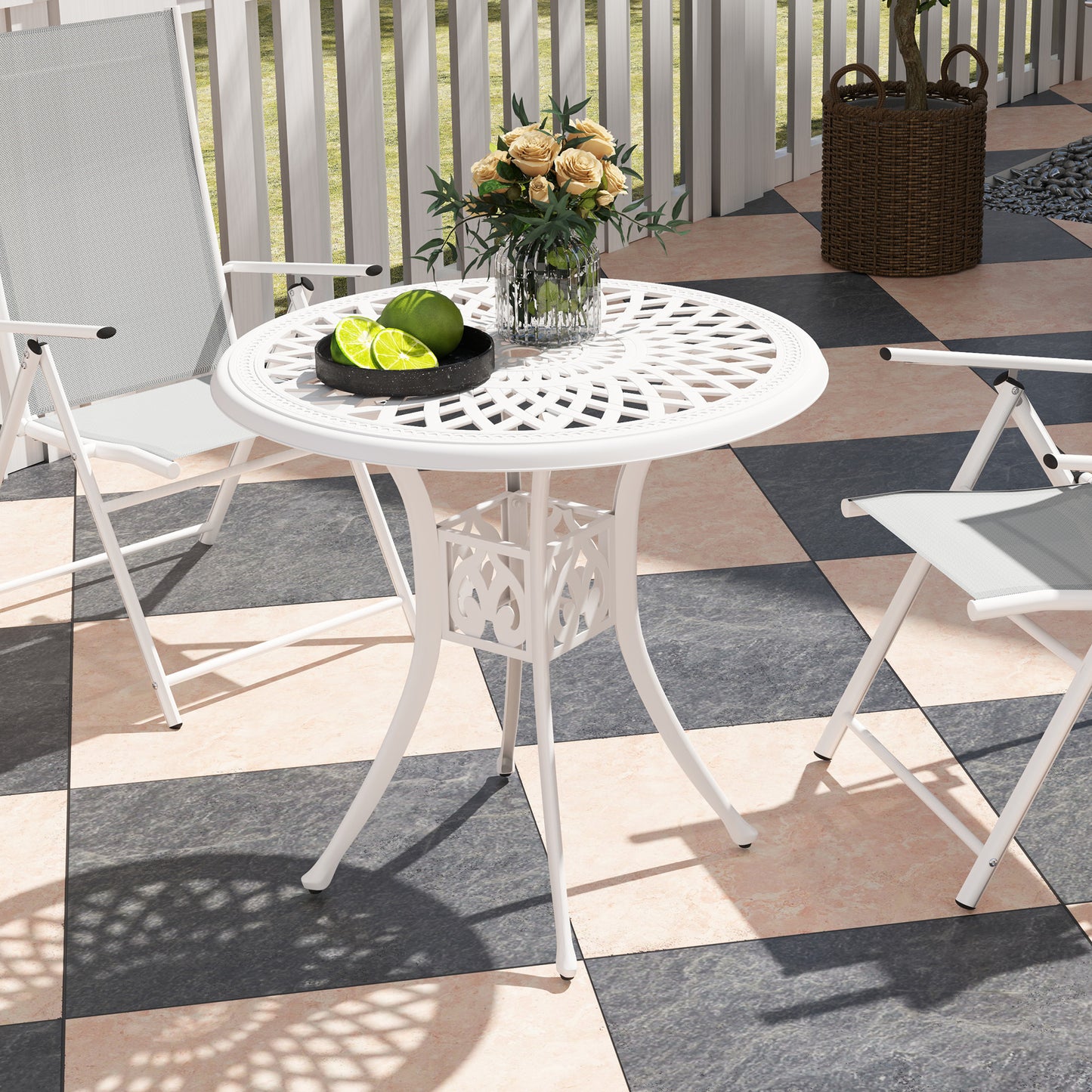 78 cm Round Garden Dining Table with Parasol Hole, White