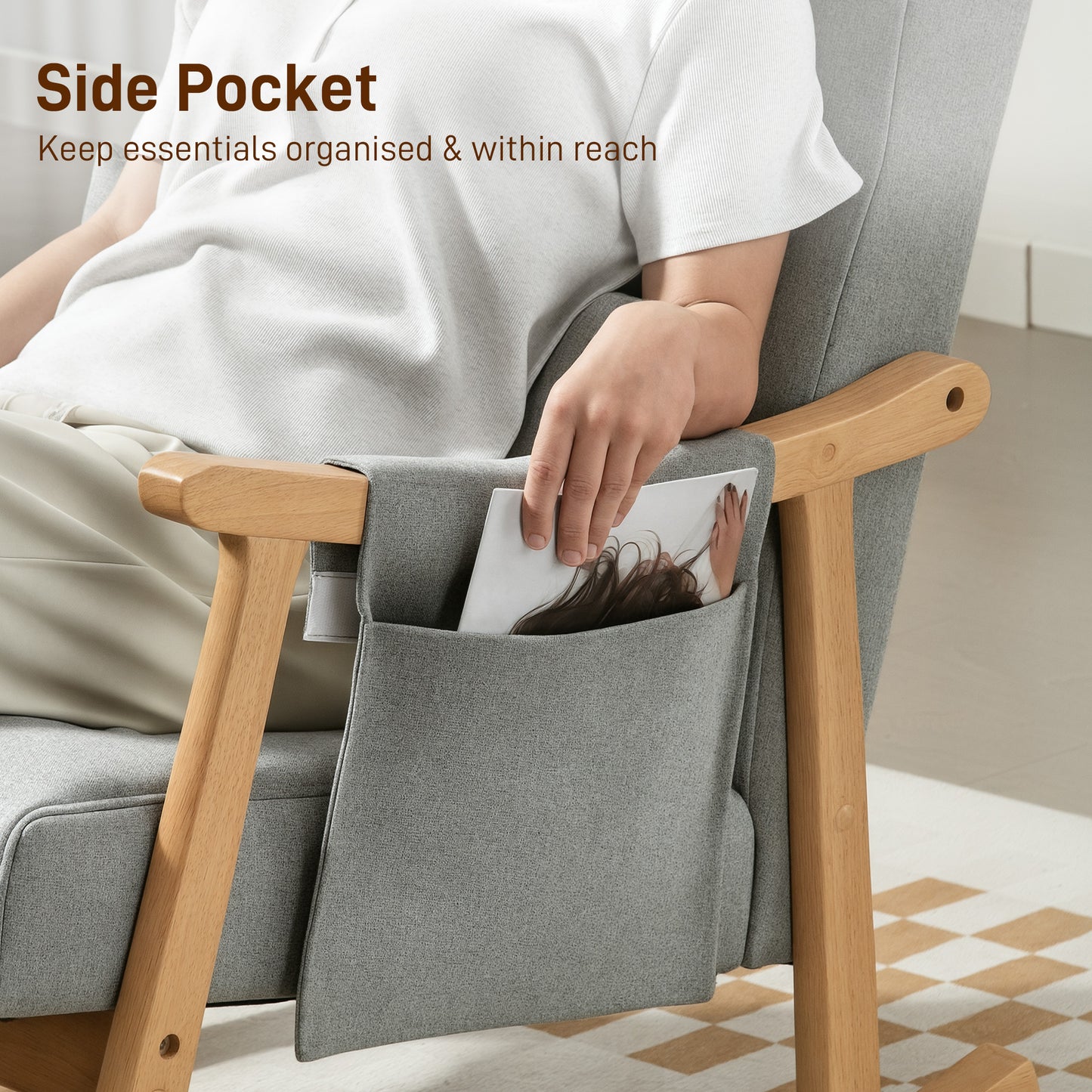 Modern High Back Rocking Chair with Solid Wood Legs, Light Grey
