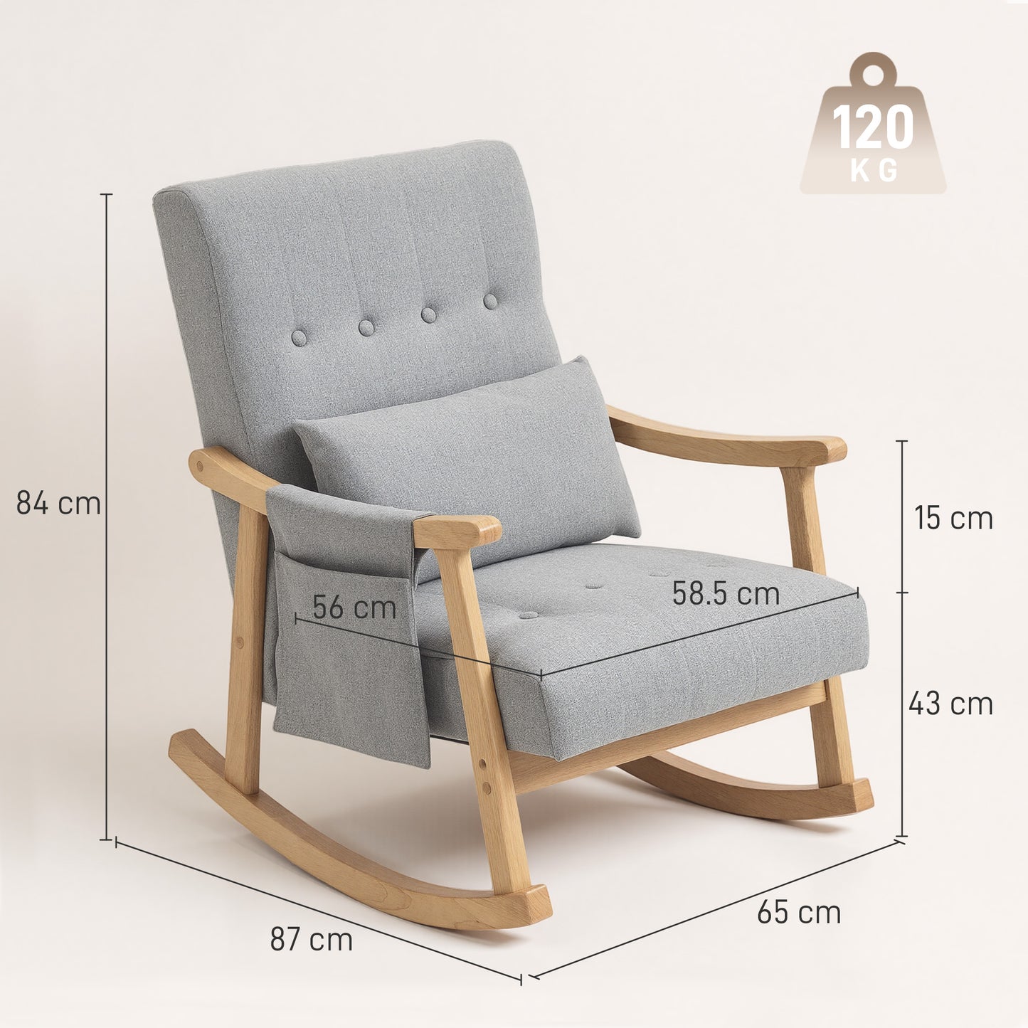 Modern High Back Rocking Chair with Solid Wood Legs, Light Grey