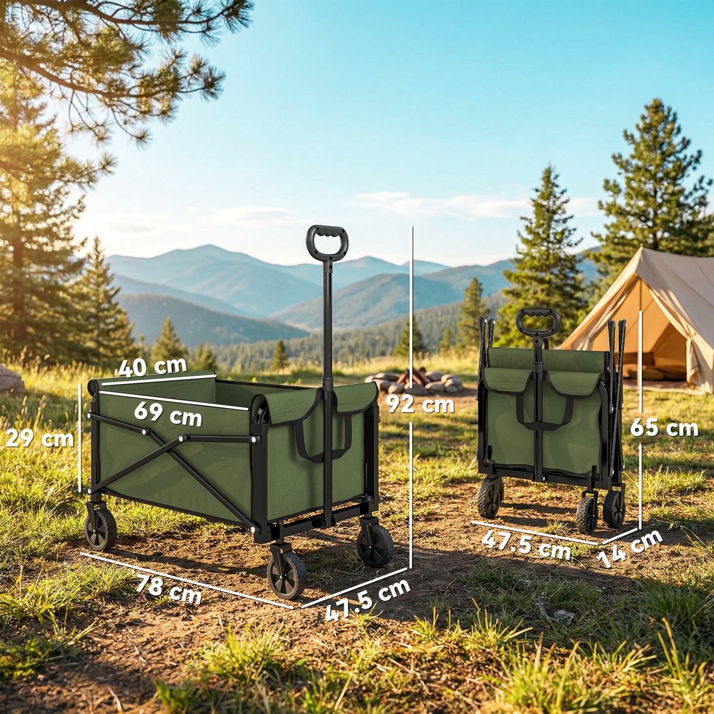 81L Festival Trolley on Wheels, Garden Folding Trolley Cart, Green