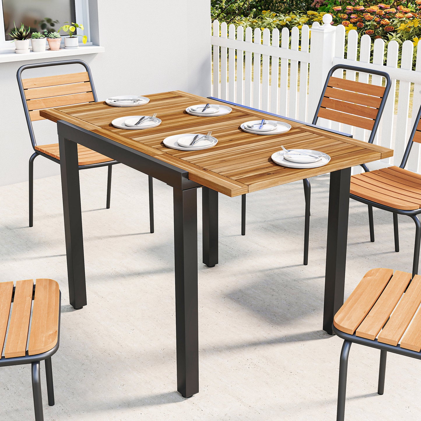Extending Garden Table, Outdoor Dining Table for 6, Steel Frame Rectangular Patio Table with Acacia Wood Tabletop,80/120L x 70W x 75H cm