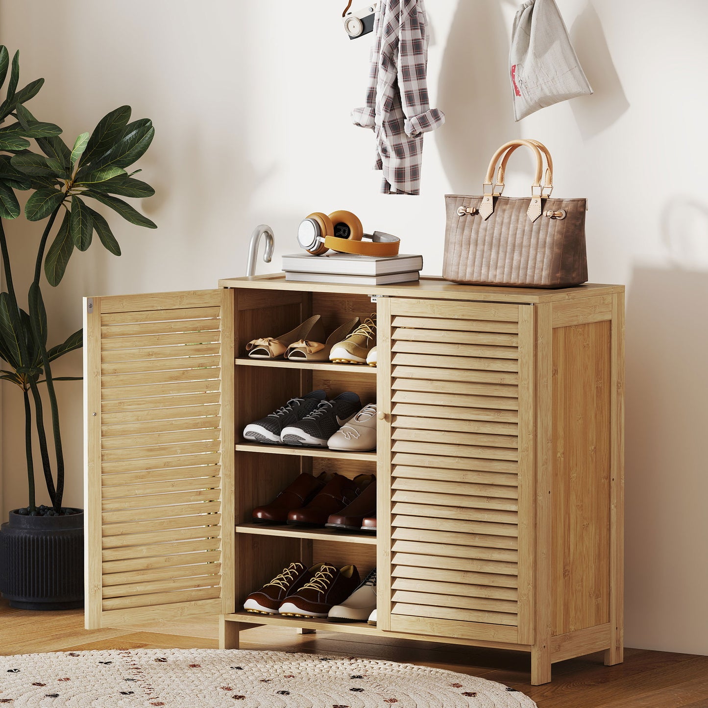 Bamboo Shoe Cabinet with Louvered Doors 14 Pairs Shoe Storage Cabinet