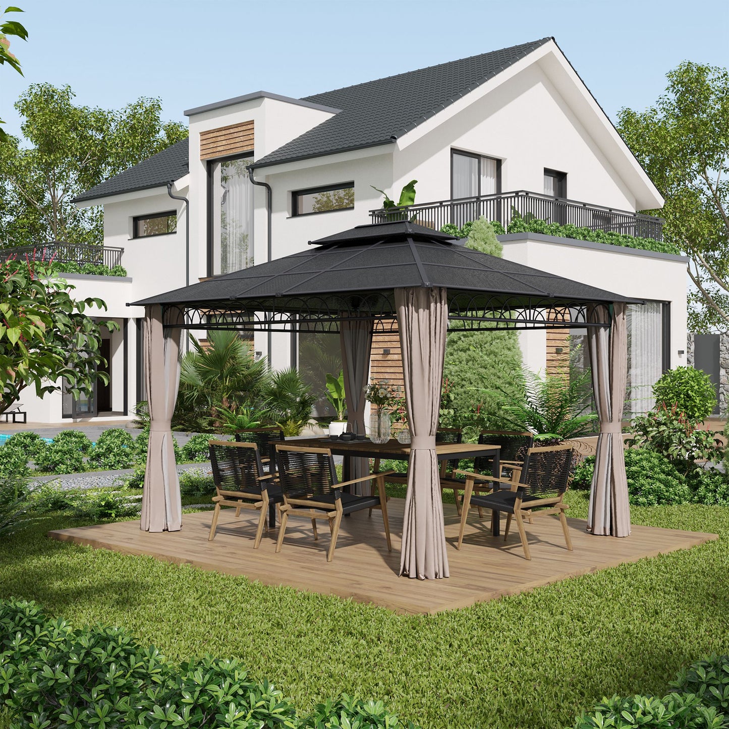 3.6 x 3 (m) Double Roof Hard Top Gazebo with Nettings & Curtains