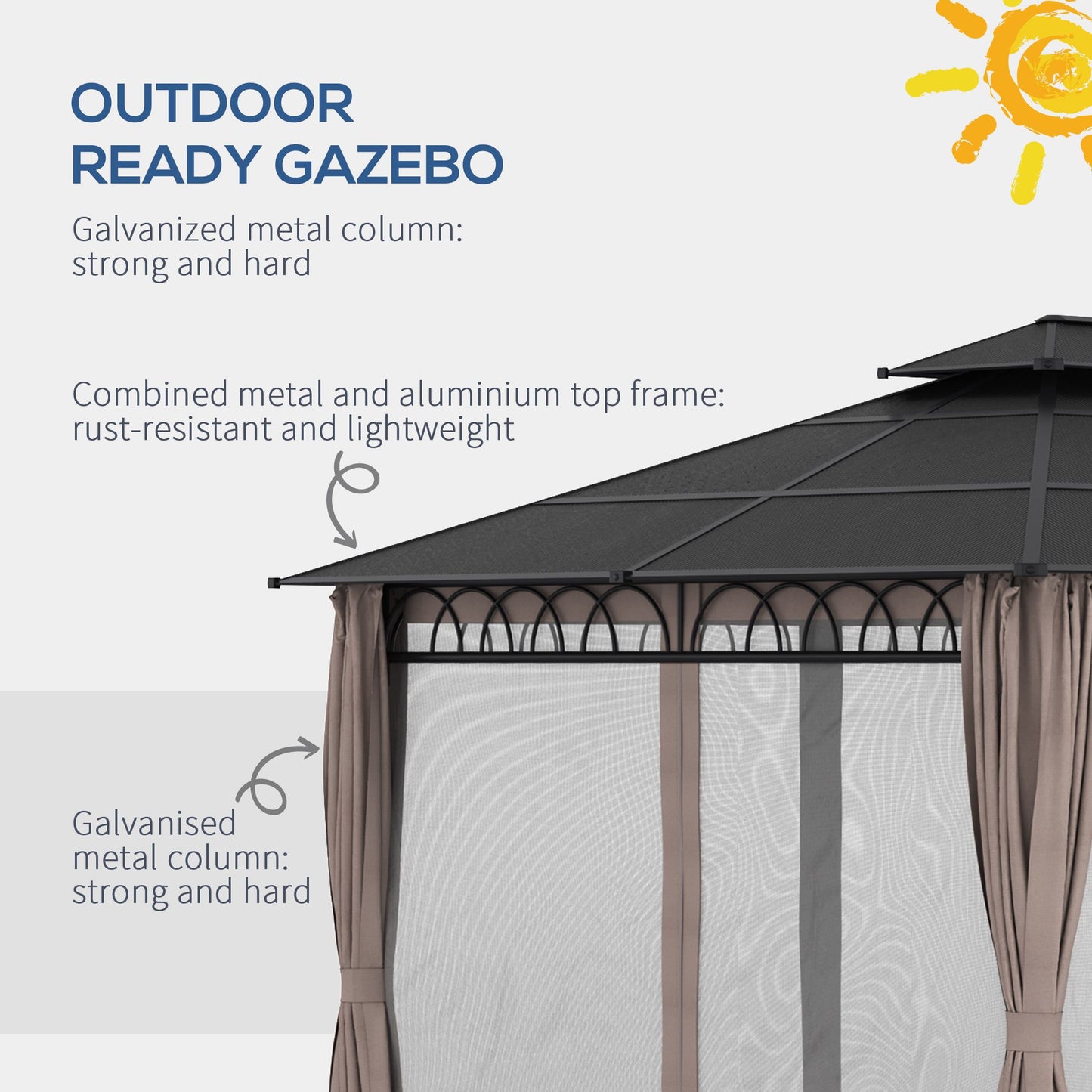 3.6 x 3 (m) Double Roof Hard Top Gazebo with Nettings & Curtains