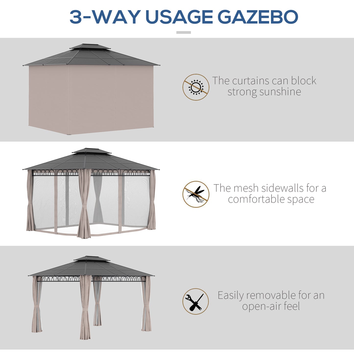 3.6 x 3 (m) Double Roof Hard Top Gazebo with Nettings & Curtains