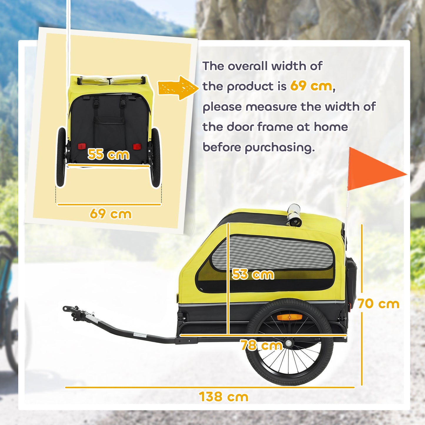 Dog Bike Trailer Support Up to 20 kg, Dog Bicycle Carrier, Easy Store Cart with Quick Release Frame, Flip-Down Ramp Tailgate, Universal Bicycle Coupler, Reflectors, Flag, Yellow
