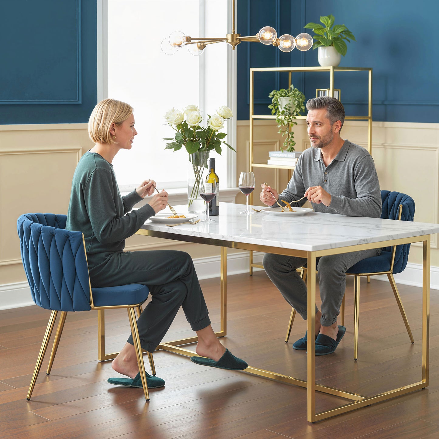 Upholstered Kitchen Chairs Set of 2 with Woven Backrest, Dark Blue