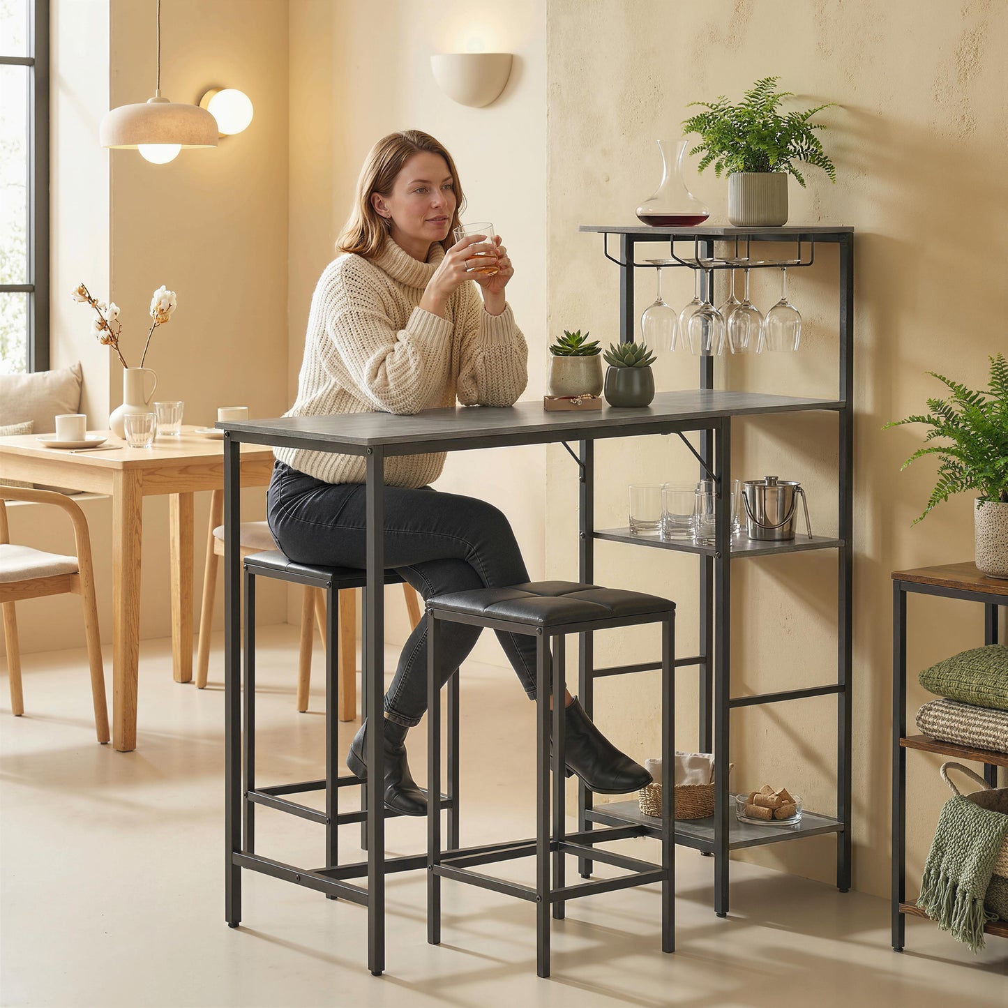 3Pcs Breakfast Bar Table and Stools Set 4-tier shelving, Washed Grey