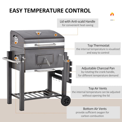 Charcoal Grill BBQ Trolley Wheels Shelf Side Thermometer Steel Grey