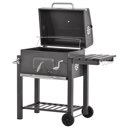 Charcoal Grill BBQ Trolley Wheels Shelf Side Thermometer Steel Grey