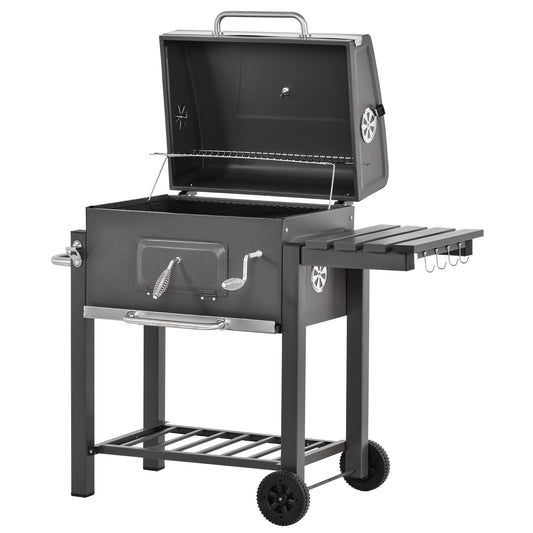 Charcoal Grill BBQ Trolley Wheels Shelf Side Thermometer Steel Grey