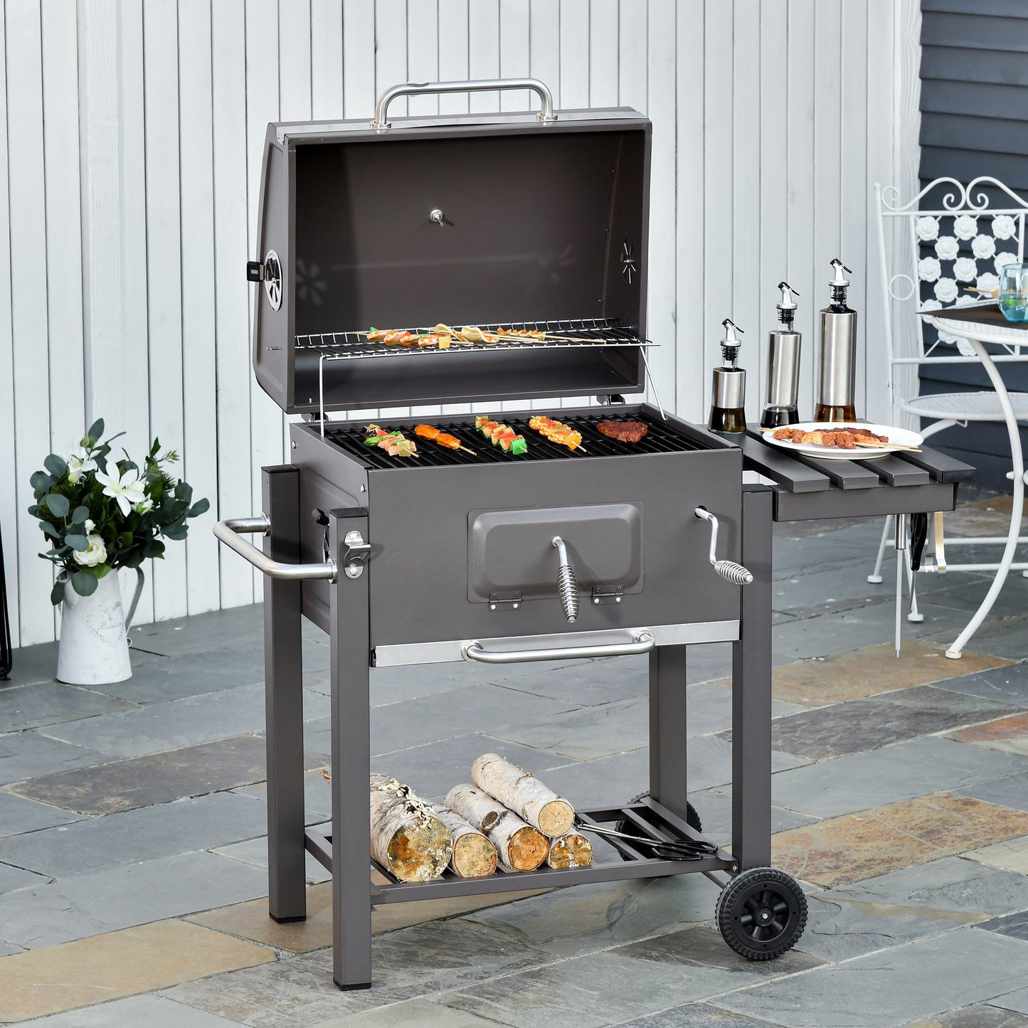 Charcoal Grill BBQ Trolley Wheels Shelf Side Thermometer Steel Grey