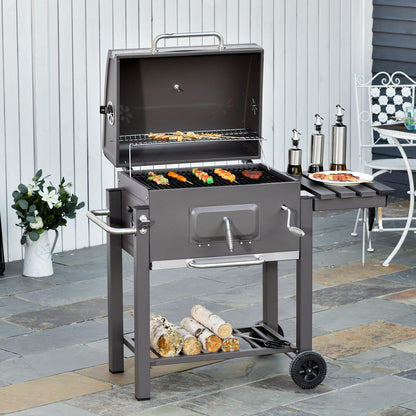 Charcoal Grill BBQ Trolley Wheels Shelf Side Thermometer Steel Grey