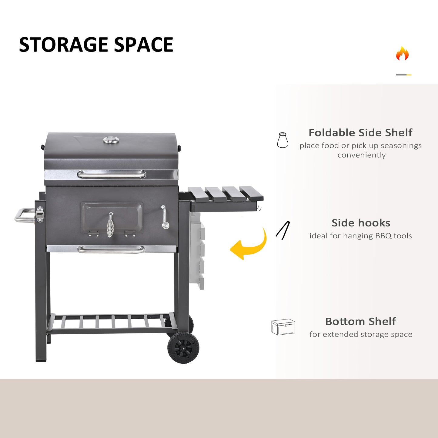 Charcoal Grill BBQ Trolley Wheels Shelf Side Thermometer Steel Grey