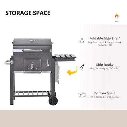 Charcoal Grill BBQ Trolley Wheels Shelf Side Thermometer Steel Grey