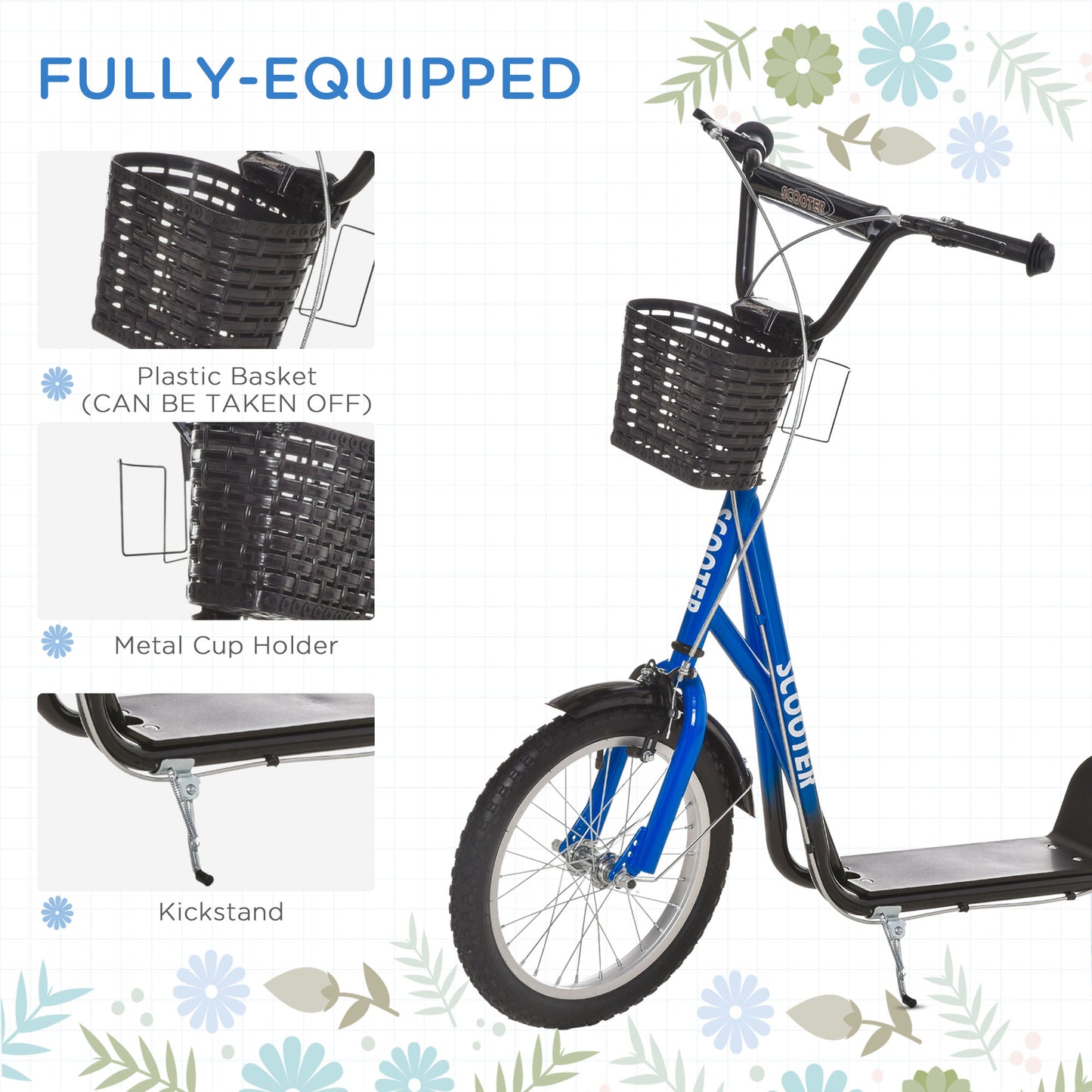 Kids Scooter, Kick Stunt Scooter with Adjustable Handlebar, Dual Brakes, Basket, Cupholder, Mudguard, 16" Inflatable Rubber Wheels, for 5-12 years, Blue