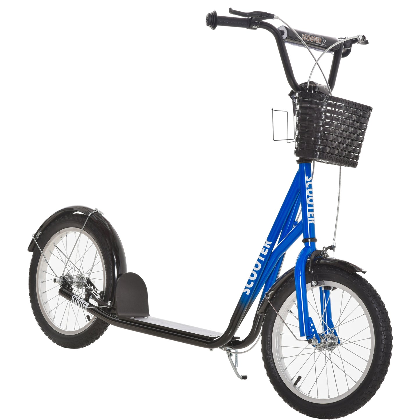 Kids Scooter, Kick Stunt Scooter with Adjustable Handlebar, Dual Brakes, Basket, Cupholder, Mudguard, 16" Inflatable Rubber Wheels, for 5-12 years, Blue