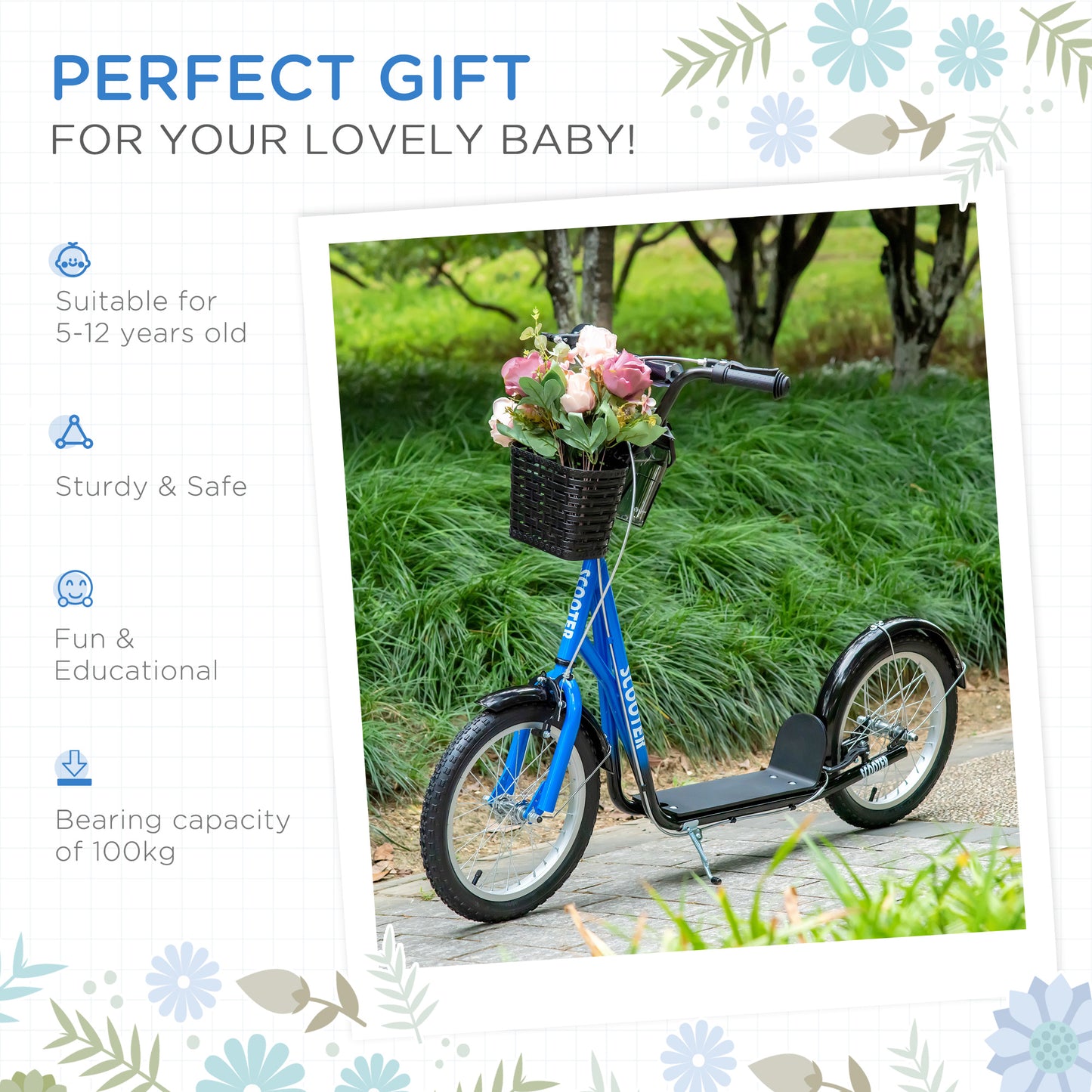 Kids Scooter, Kick Stunt Scooter with Adjustable Handlebar, Dual Brakes, Basket, Cupholder, Mudguard, 16" Inflatable Rubber Wheels, for 5-12 years, Blue