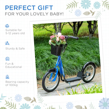 Kids Scooter, Kick Stunt Scooter with Adjustable Handlebar, Dual Brakes, Basket, Cupholder, Mudguard, 16" Inflatable Rubber Wheels, for 5-12 years, Blue
