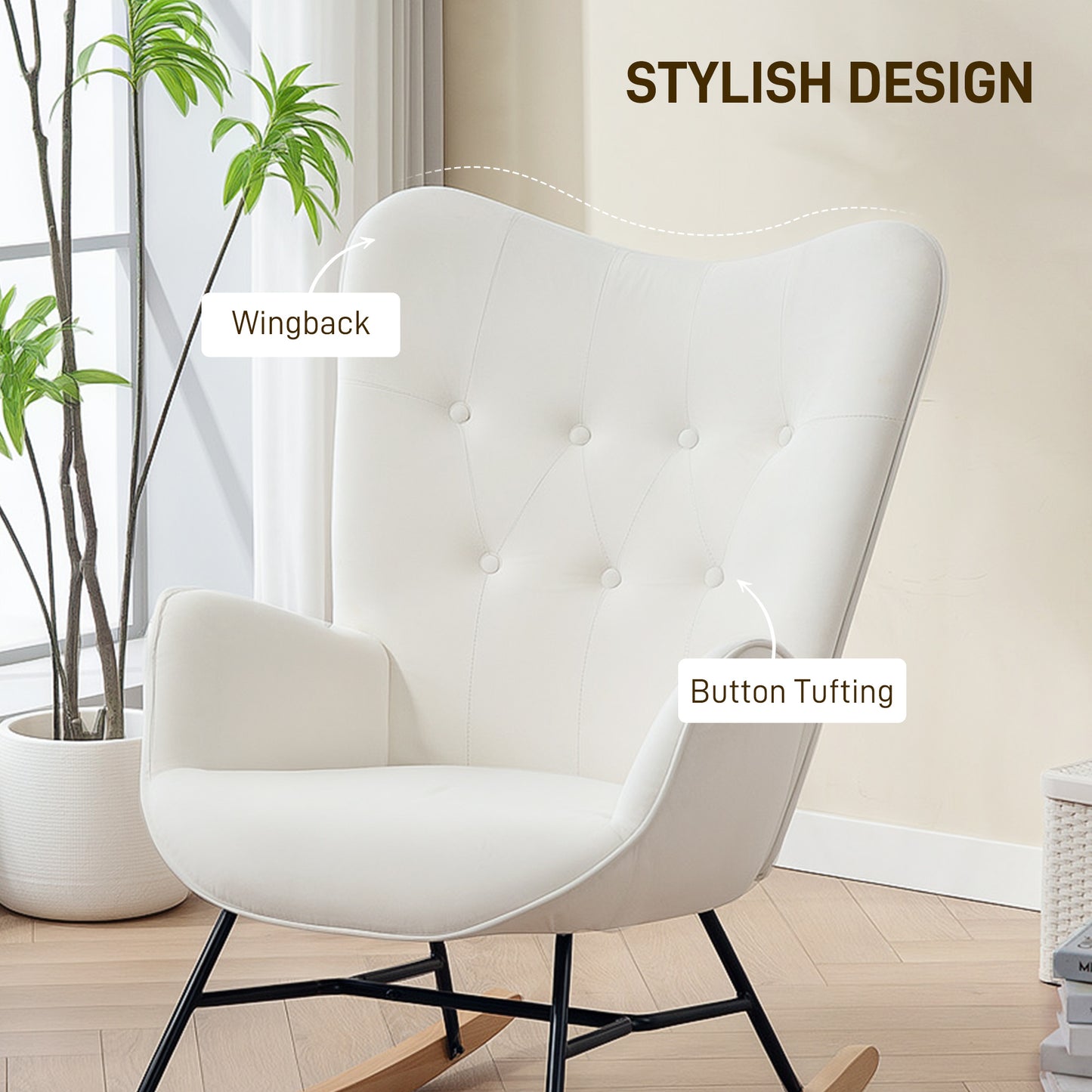 Upholstered Velvet Rocking Chair with Solid Wood Legs, Cream