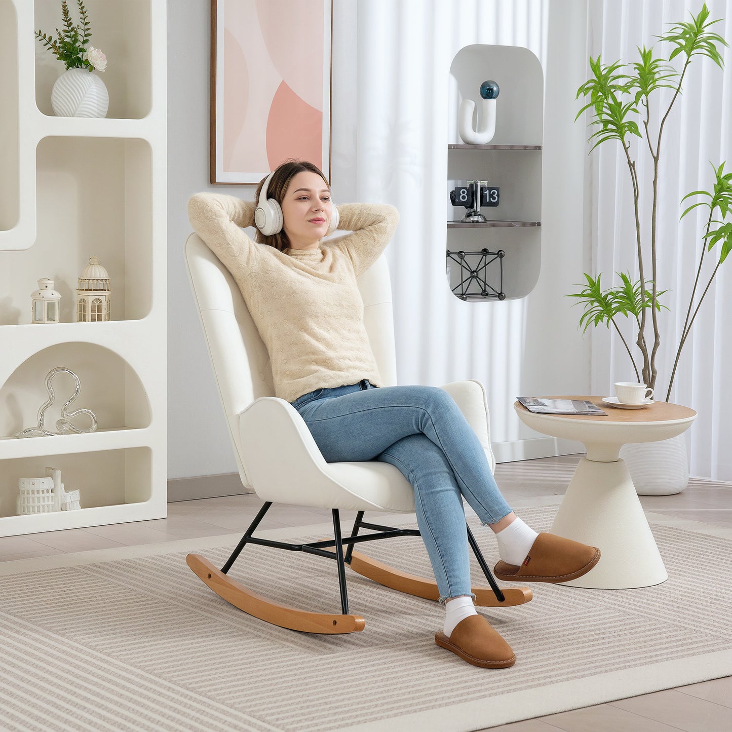 Upholstered Velvet Rocking Chair with Solid Wood Legs, Cream