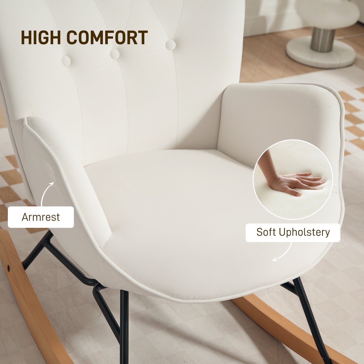 Upholstered Velvet Rocking Chair with Solid Wood Legs, Cream