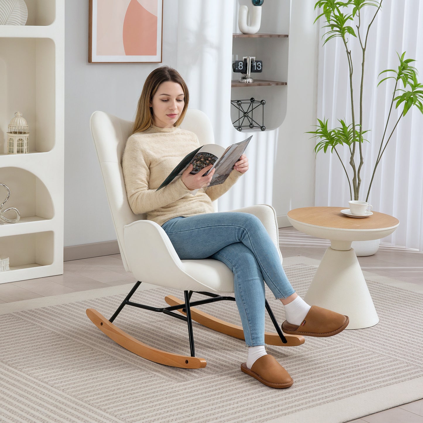 Upholstered Velvet Rocking Chair with Solid Wood Legs, Cream