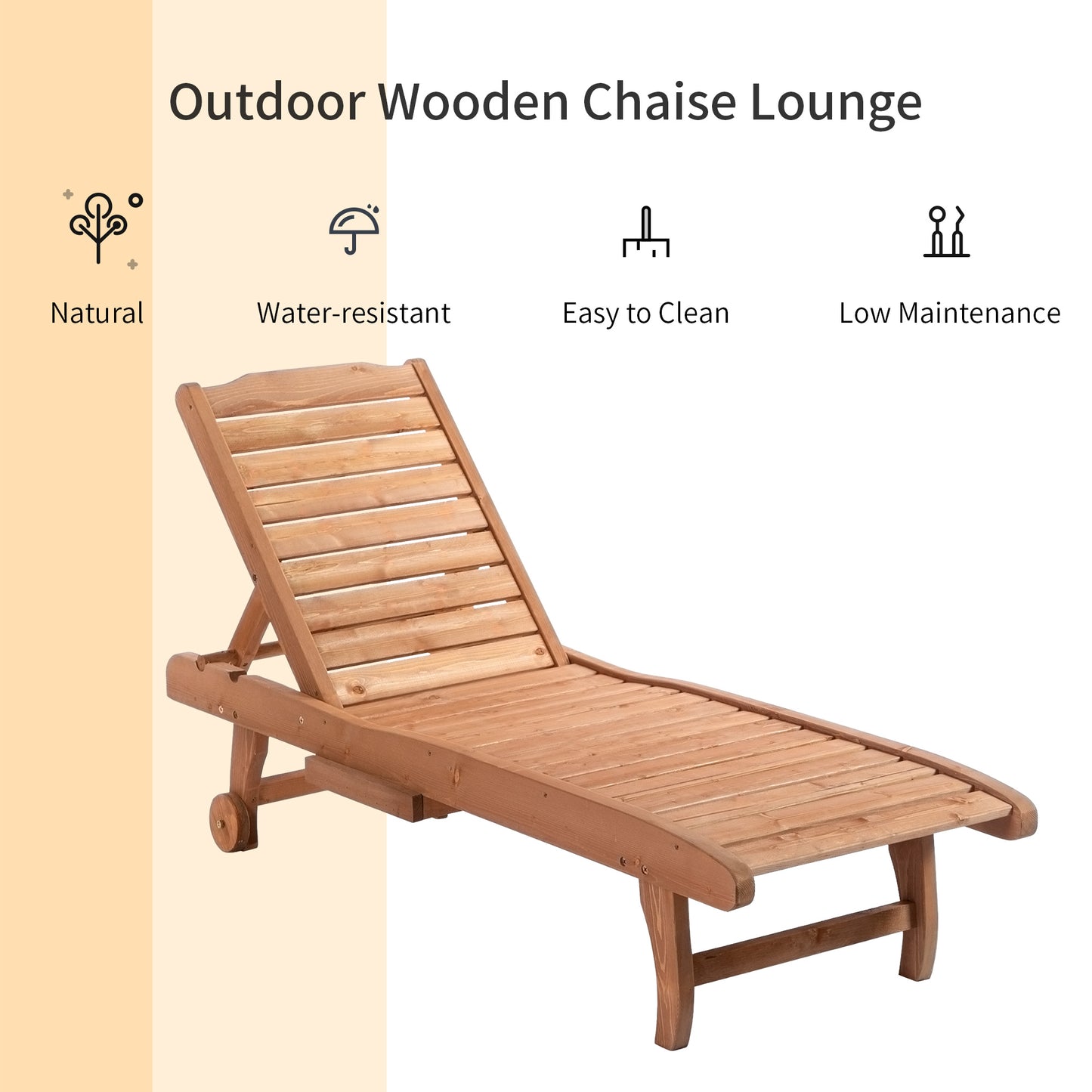Outdoor Wooden Lounger Chair, Sun Bed with Built-In Table, Adjustable Backrest and Wheels, Red Brown