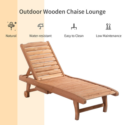 Outdoor Wooden Lounger Chair, Sun Bed with Built-In Table, Adjustable Backrest and Wheels, Red Brown