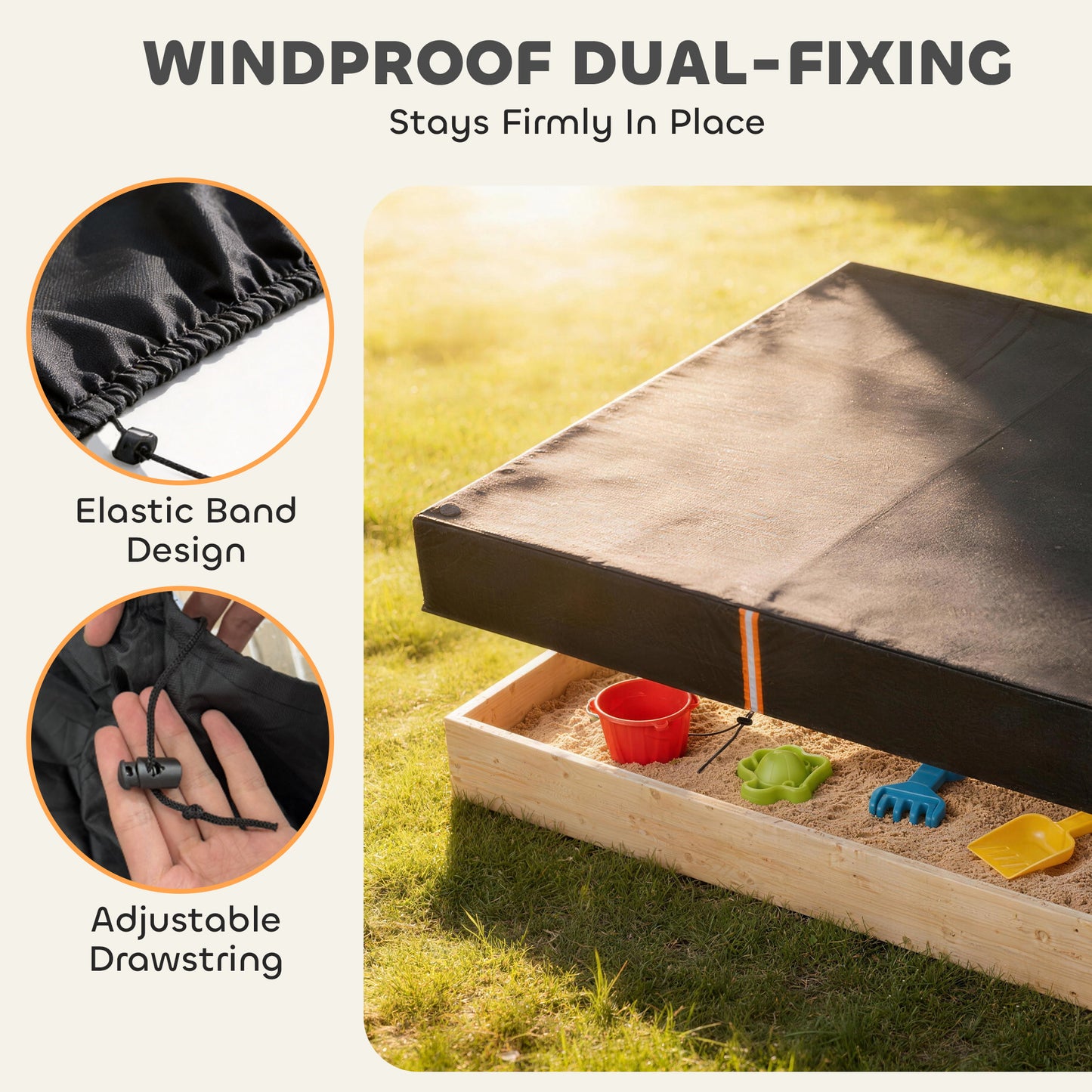 Sandbox Cover, Square Sandpit Cover with Drawstring & Elastic Band