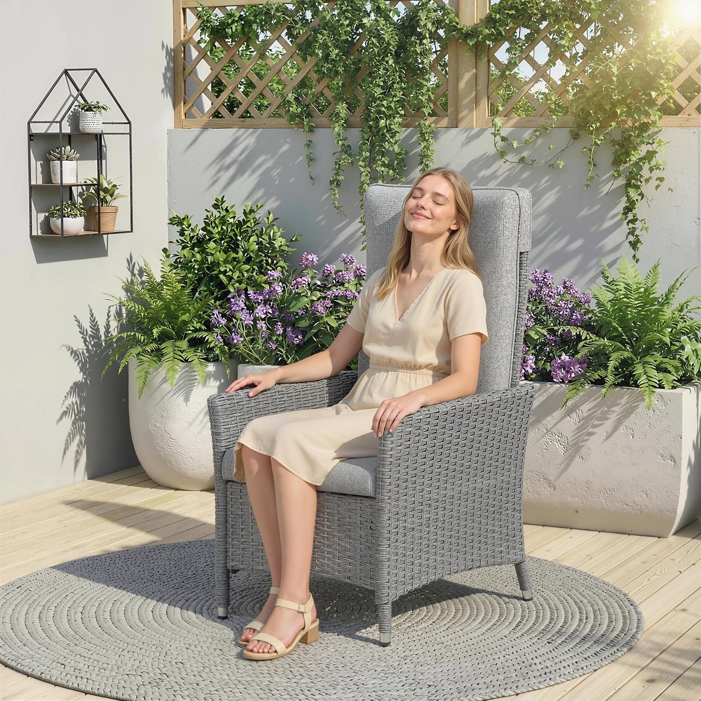 Rattan Garden Recliner Chair with Adjustable Backrest, Light Grey