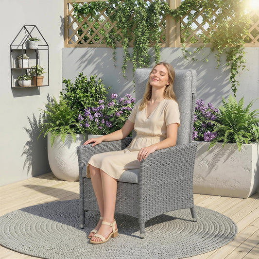 Rattan Garden Recliner Chair with Adjustable Backrest, Light Grey