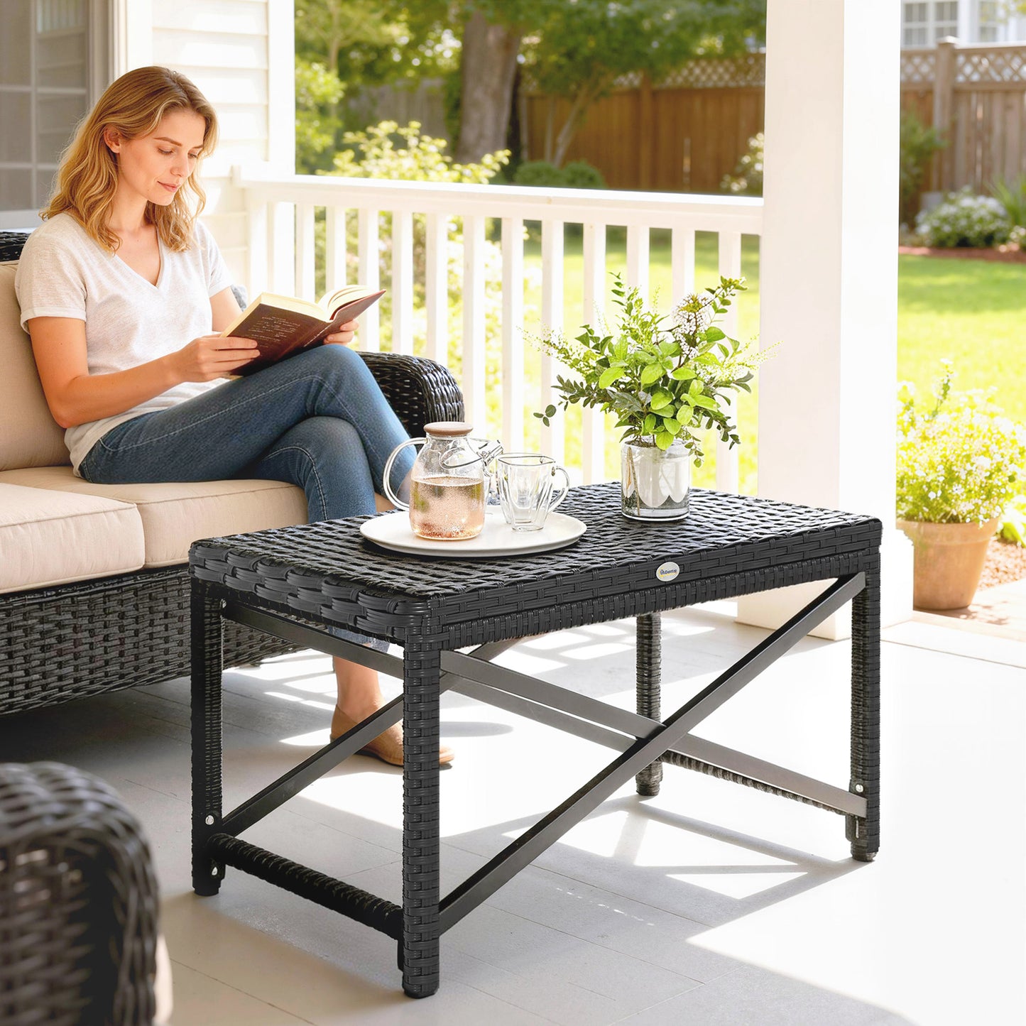 Outdoor Coffee Table, PE Rattan Side Table w/ Plastic Board, Black