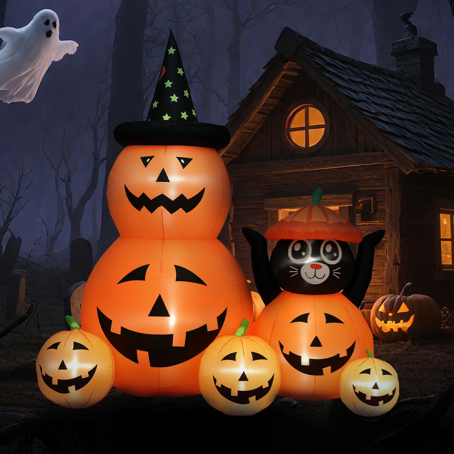 Pumpkin and Cat with LED Lights, Halloween Inflatables Decoration