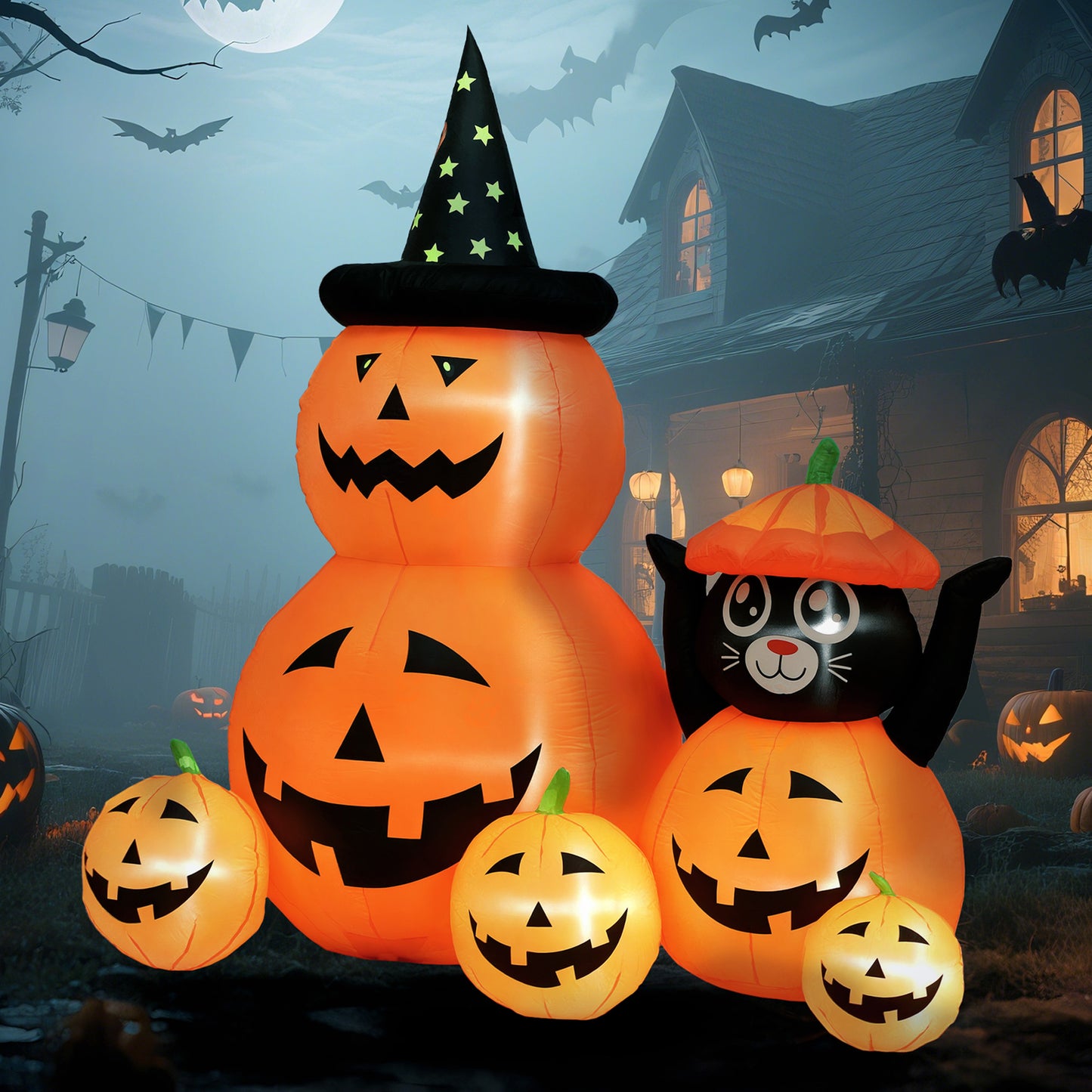 Pumpkin and Cat with LED Lights, Halloween Inflatables Decoration