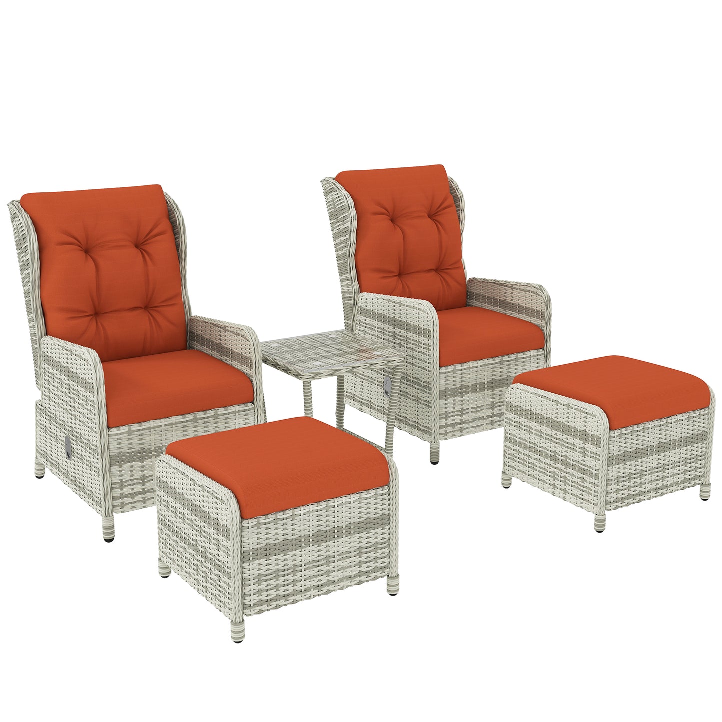 5 Piece Garden Furniture Set, Rattan Reclining Garden Chair Set of 2 with Footstool and Cushion , Orange