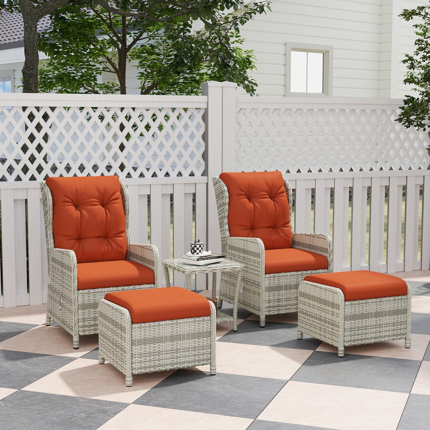 5 Piece Garden Furniture Set, Rattan Reclining Garden Chair Set of 2 with Footstool and Cushion , Orange