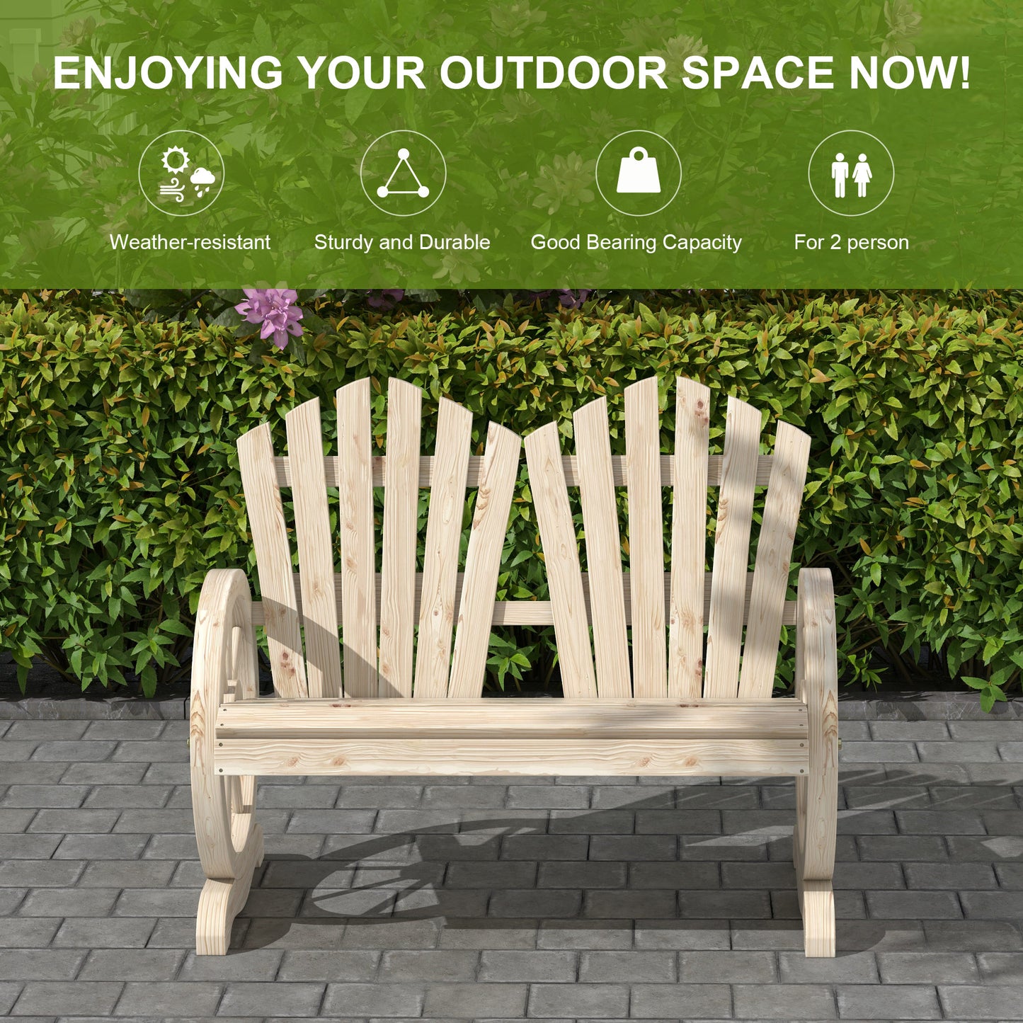 2 Seater Garden Bench w/ Wheel-Shaped Armrests Natural Wood