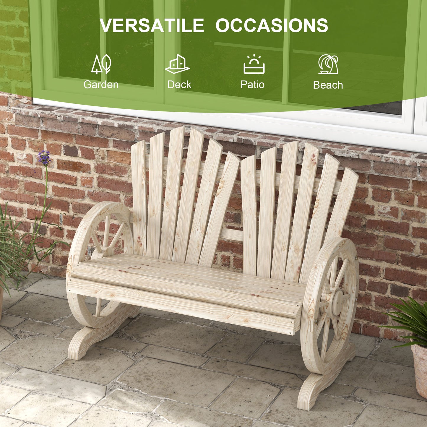 2 Seater Garden Bench w/ Wheel-Shaped Armrests Natural Wood