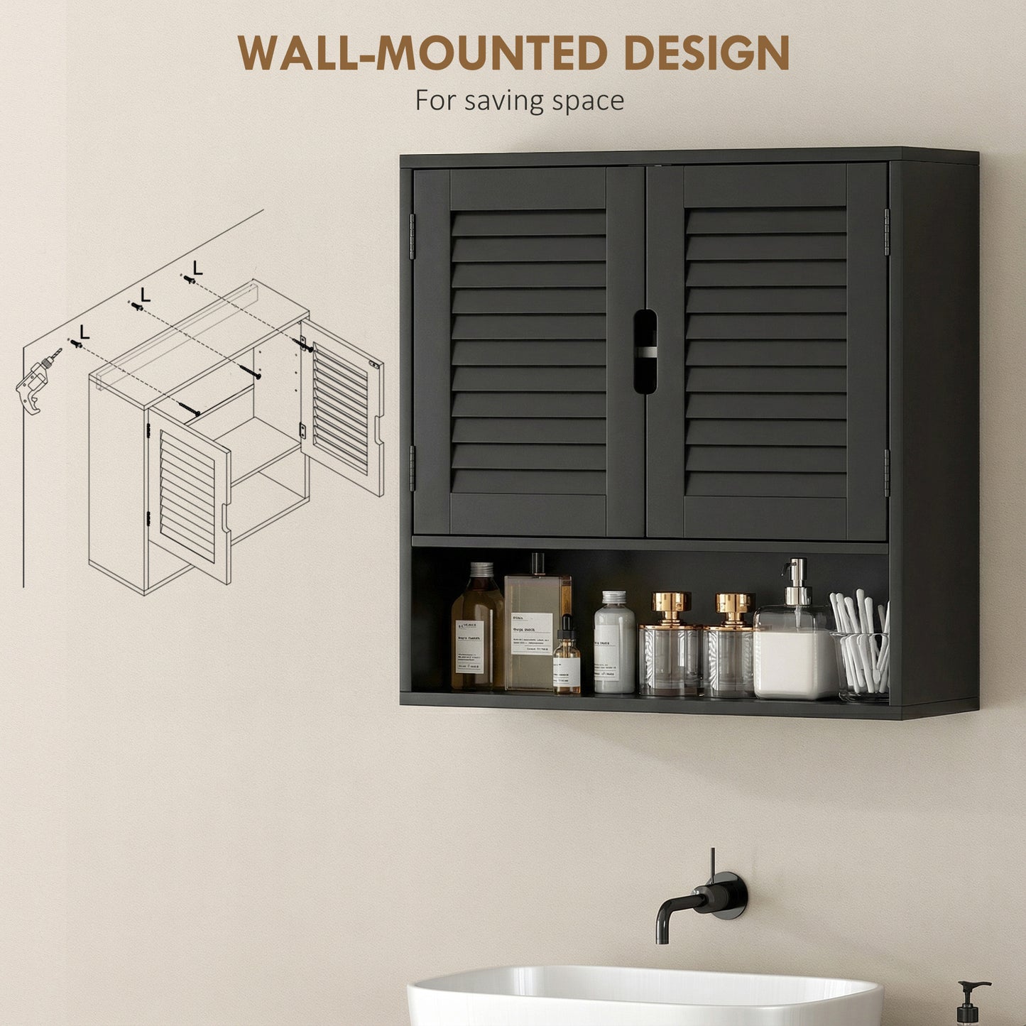 Bathroom Cabinet, Wall Mounted Cabinet with Adjustable Shelves, Black