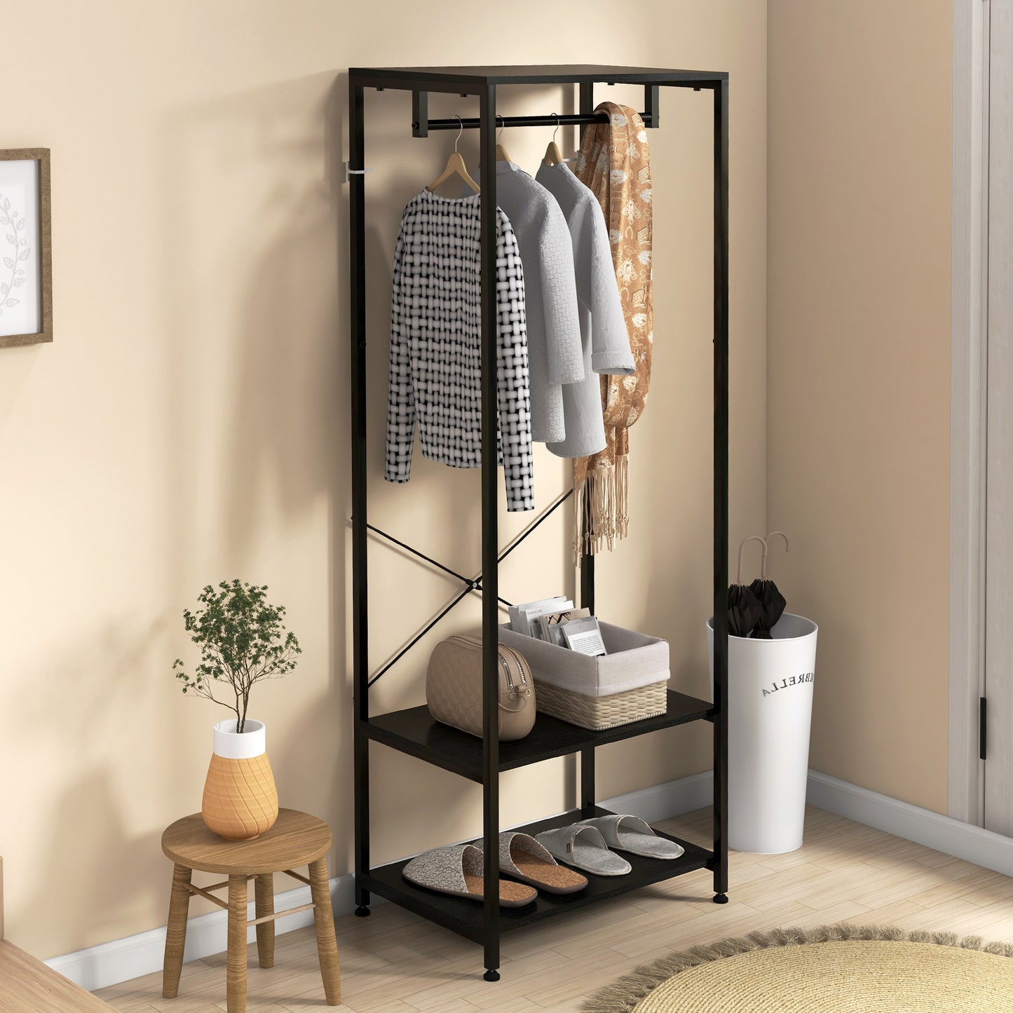 Coat Rack, 2-in-1 Clothes Stand with Shoe Storage for Hallway, Black