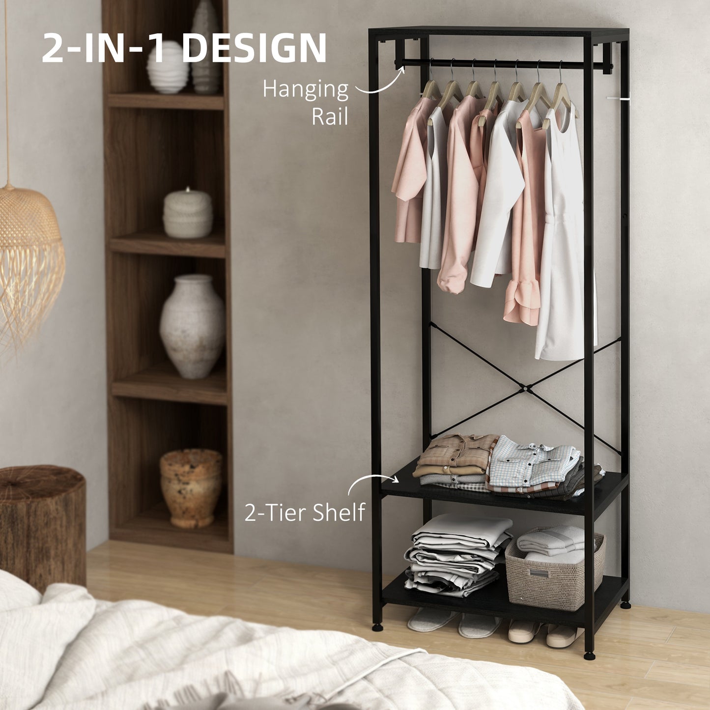 Coat Rack, 2-in-1 Clothes Stand with Shoe Storage for Hallway, Black
