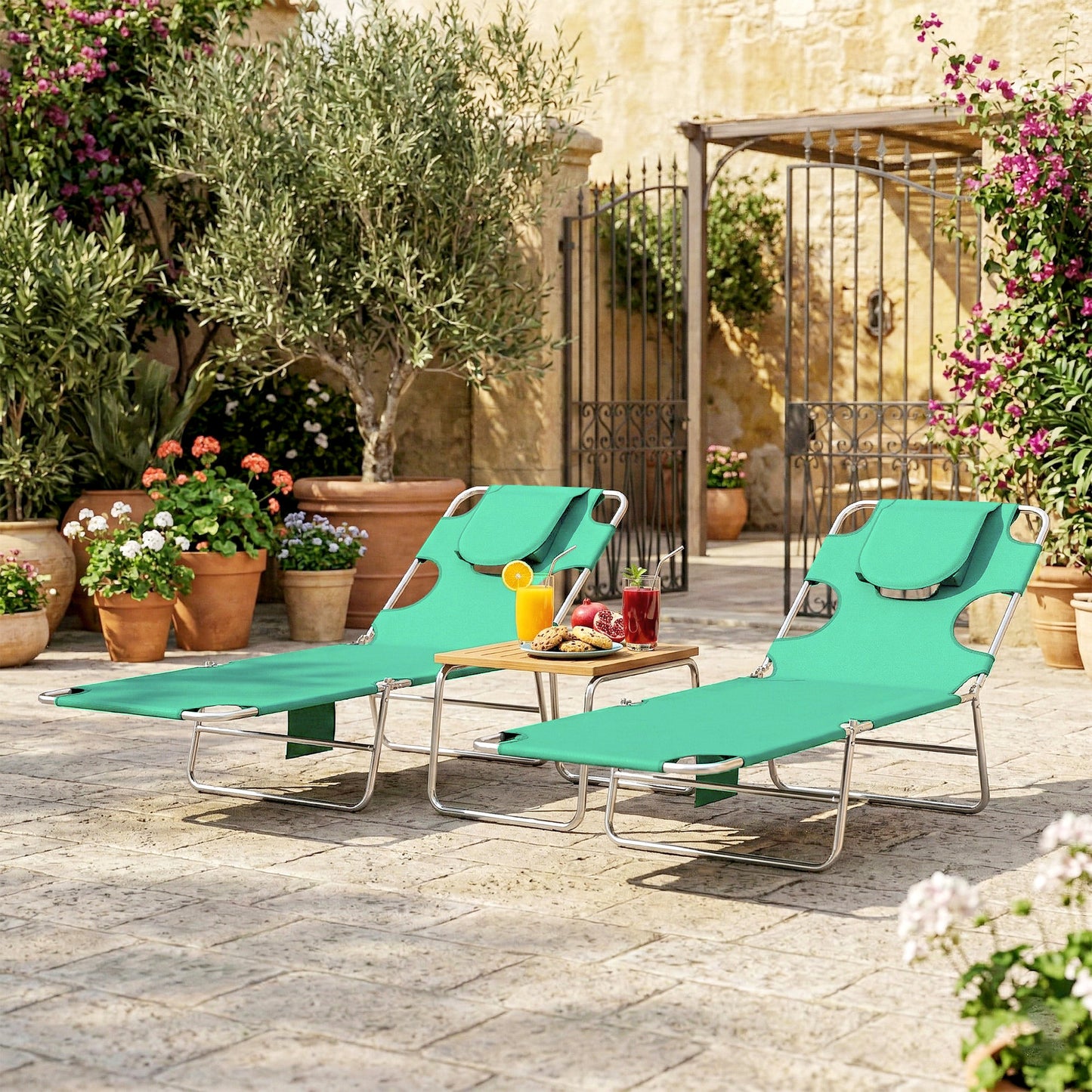 2 Sun Loungers with Reading Hole, Folding Garden Lounger, Green