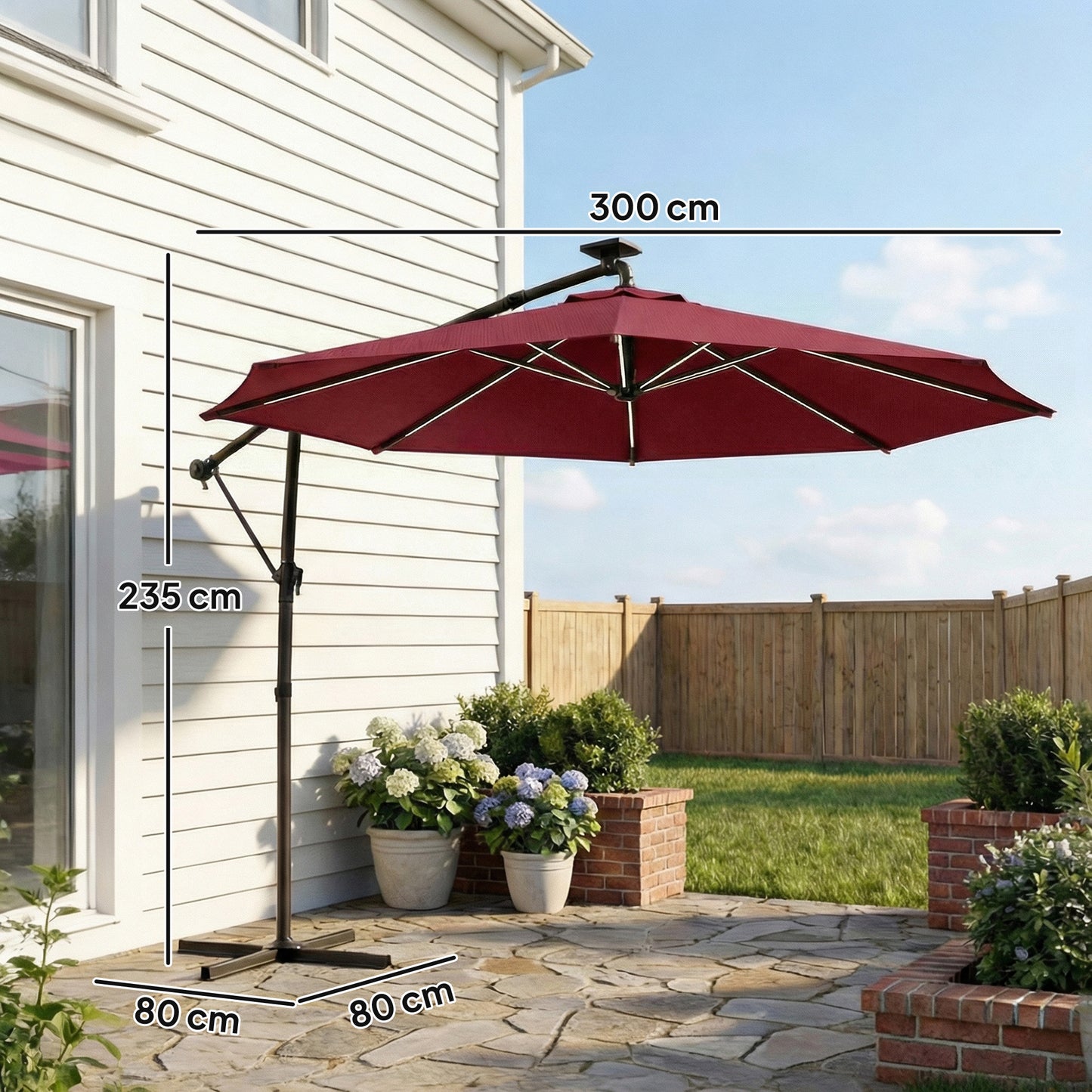 3 m Garden Cantilever Parasol with Solar Light, Rotation, Wine Red