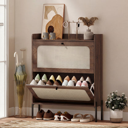 Boho Narrow Shoe Cabinet, Shoe Rack with 2 Flip Drawers, Dark Brown