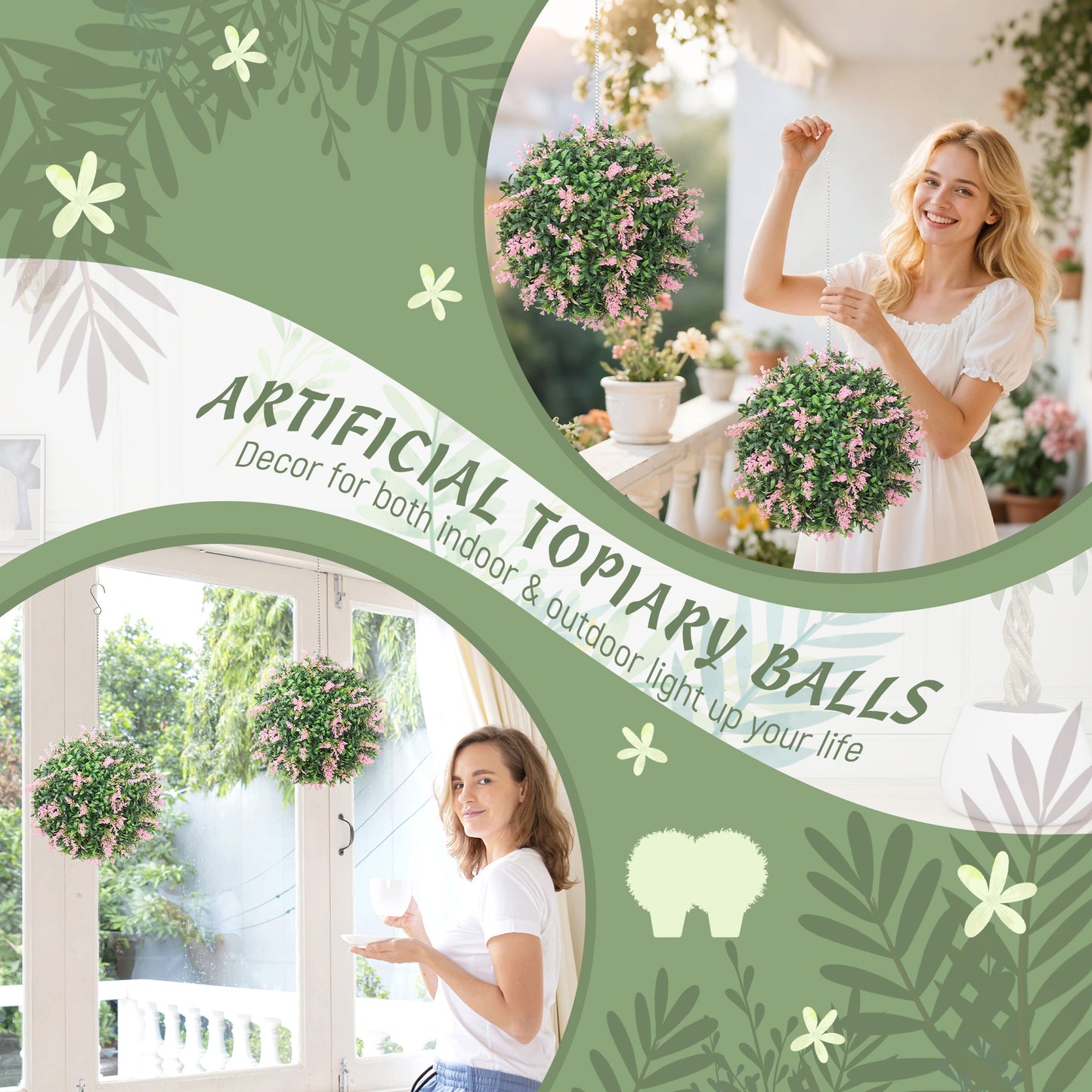 Set of 2 Artificial Plant Topiary Balls, Faux Plants, Pink